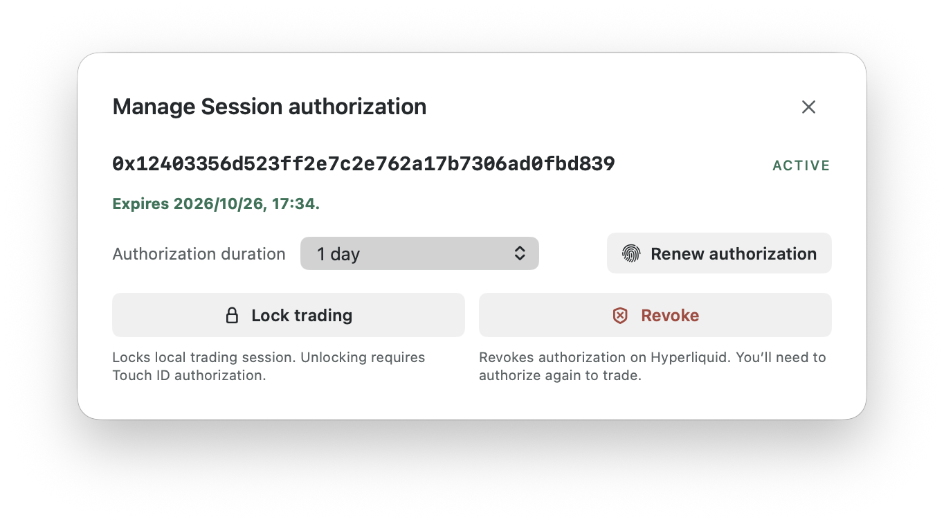 Session authorization panel with a one-day duration, expiry time, and controls to renew authorization, lock trading, or revoke access.
