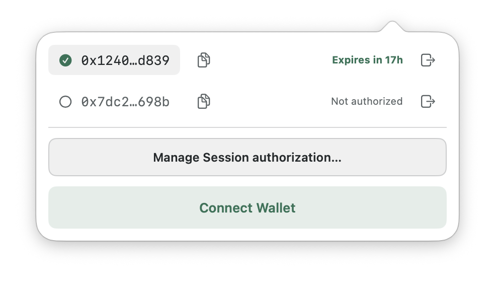 HyperliquidX wallet menu showing two accounts, authorization status, and session management.