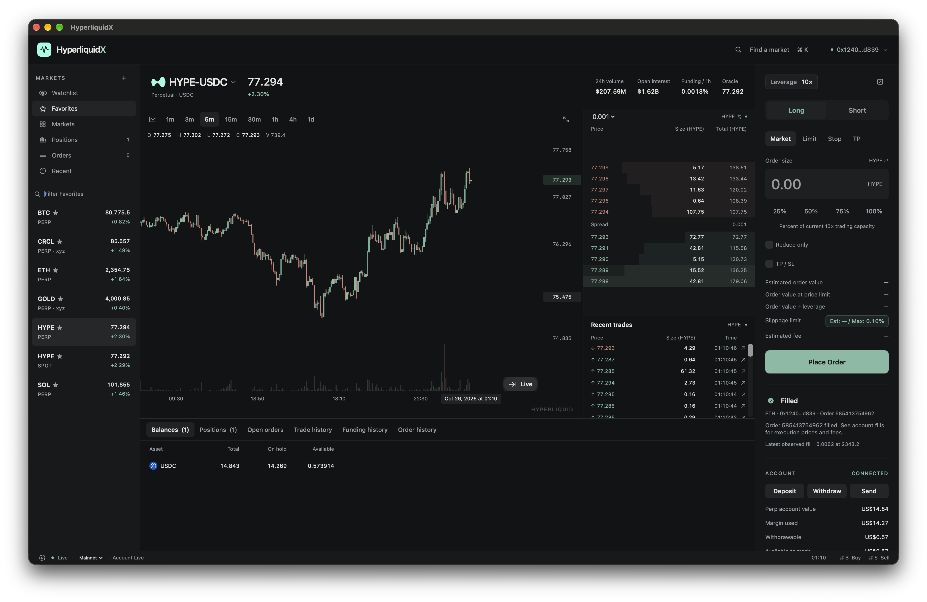 HyperliquidX in Dark mode showing the HYPE chart, order book and trading panel