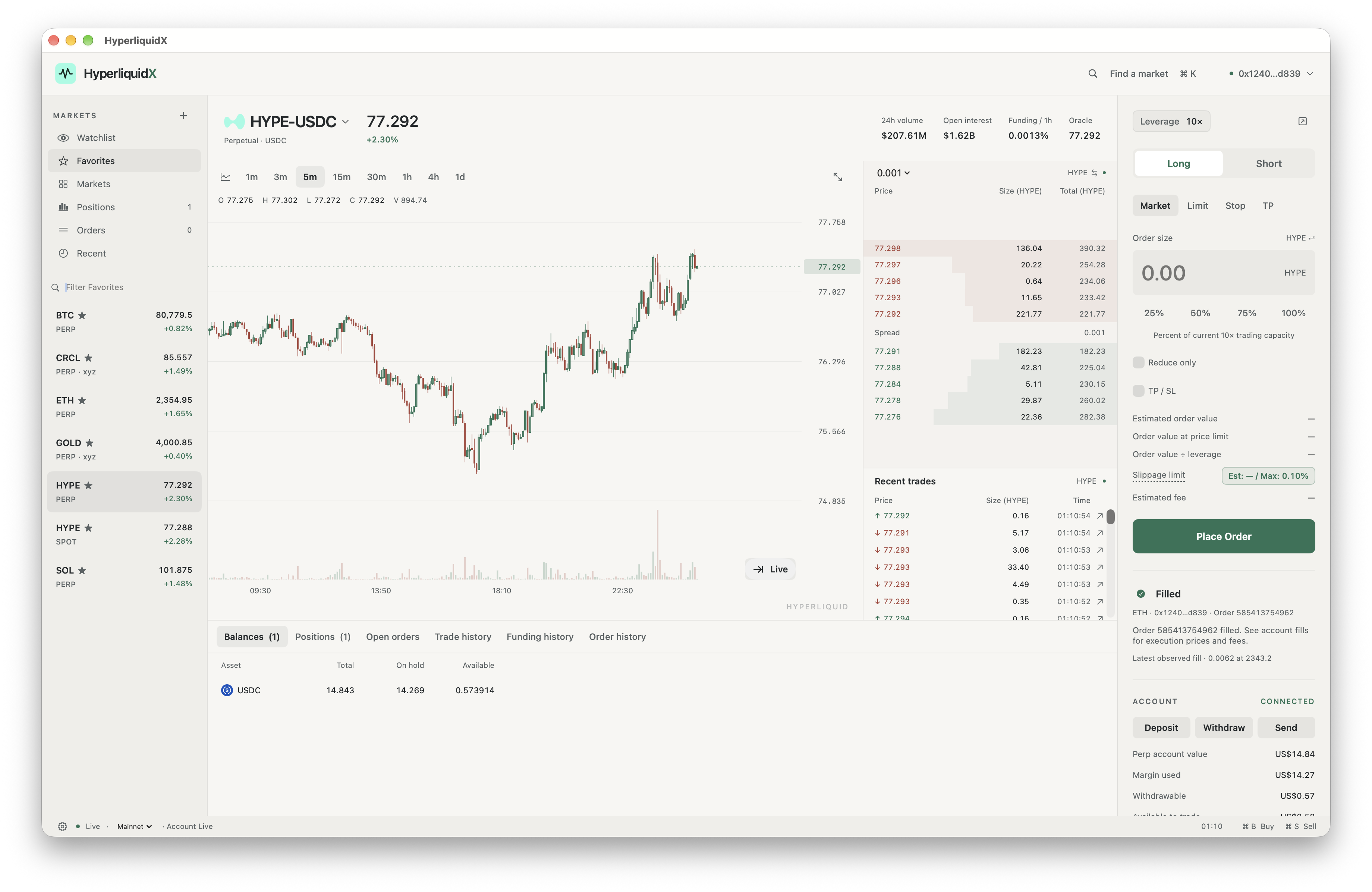 HyperliquidX in Light mode showing the HYPE chart, order book and trading panel